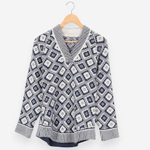 vintage blue and white navajo tribal geometric print v-neck long sleeve bohemian pullover sweater size small