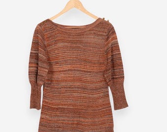 Vintage 90-tals randig stickad båtringad boho pullover med puffärm, storlek small