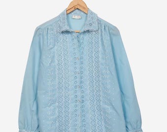 vintage 70s powder blue lee mar lace coquette victorian blouse size large
