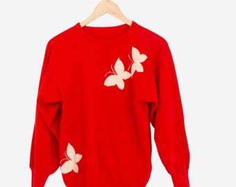 vintage 70s red scottish cashmere butterfly pullover sweater size medium