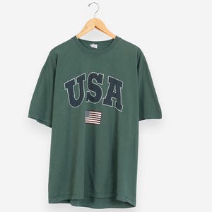vintage 90s USA american flag patriotic green crewneck short sleeve t-shirt size large