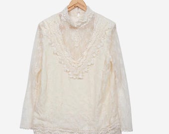 vintage 80s white / cream floral lace victorian coquette long sleeve blouse size large