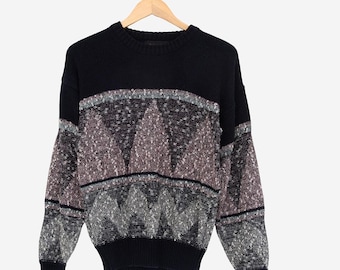 vintage 80s black geometric print knit pullover sweater size small