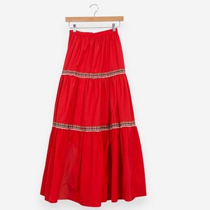 vintage 70s red handmade tiered square dancing tartan ribbon skirt size small