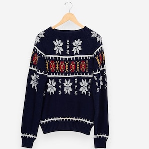 vintage 70s navy fair isle snowflake geometric print knit pullover sweater size medium