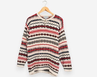 vintage 90s white bohemian fair isle tribal print quarter button sweater size large