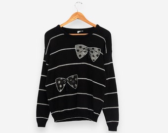 Suéter de punto vintage de los años 80 con lazo negro a rayas, talla grande