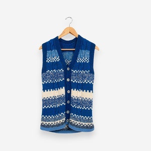 vintage blue and white geometric knit button down boho sweater vest size small