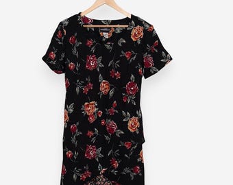 Vintage 90s Floral Sun Dress: Black Bohemian Midi Dress, Size 10