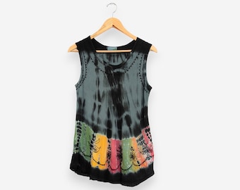 vintage 90s black tie dye embroidered bohemian hippie tank top size large - x-large