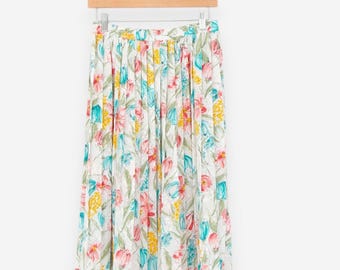 Falda midi plisada blanca con estampado floral estilo años 80, ideal para fiestas en el jardín, primavera y verano, talla mediana.