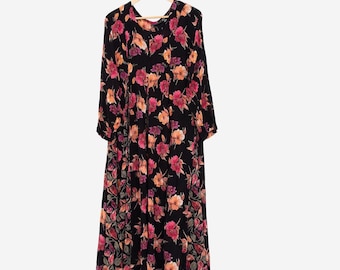 vintage 90er jahre kleid schwarz floral viskose gaz lange ärmel maxi kleid größe large