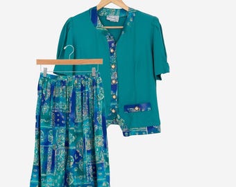 Conjunto vintage de blusa y falda geométrica de los años 90, talla 8