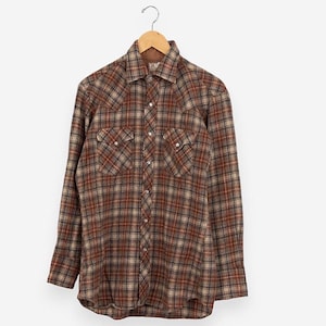 vintage 70s brown ely flannel pearl snap wool long sleeve blouse size medium