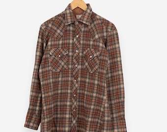 camicetta vintage anni '70 in flanella marrone Ely con bottoni a pressione in lana e maniche lunghe, taglia media