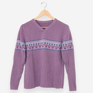 vintage 90s purple knit fair isle bohemian ribbed v-neck pullover sweater size large
