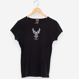Camiseta vintage preta Harley Davidson Maui Havaí dos anos 90 com bordado de águia e manga curta, gola redonda, tamanho pequeno