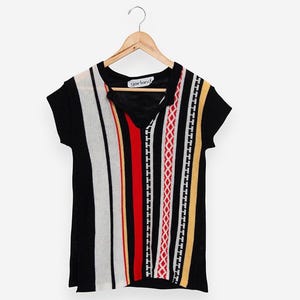 vintage 70s striped geometric short sleeve lightweight bohemian pullover sweater size x-small