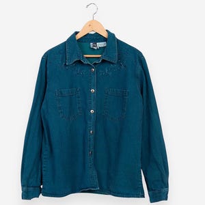 camicetta vintage anni &#39;90 in denim con bottoni e ricami floreali, taglia XL