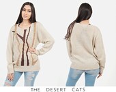 vintage 70s off white brown gold metallic geometric print knit pullover sweater by lilly of california vintage boho bohemian knit sweater