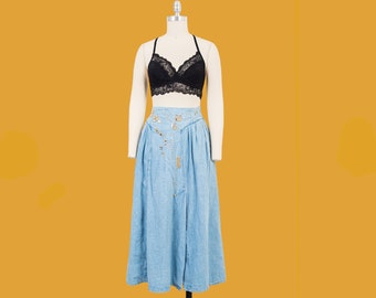 vintage 90s grunge high waisted denim broomstick skirt with studs size 8