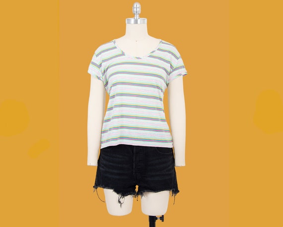 vintage 70s pastel color striped short sleeve shi… - image 1