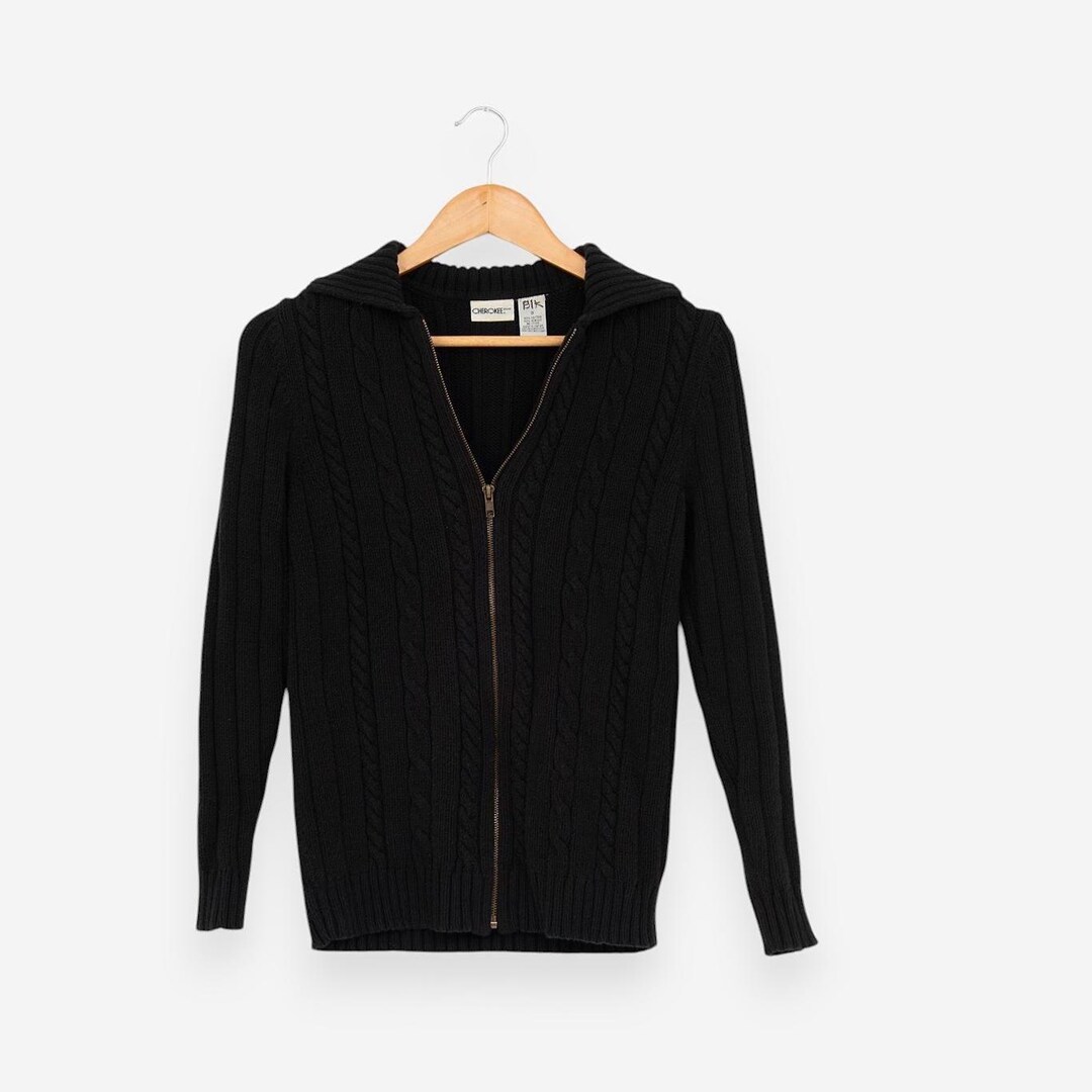 Vintage 90s Black Cherokee Cable Knit Zip up Cardigan