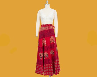 vintage indian red block print ethnic elephant a-line cotton festival wrap skirt small-large