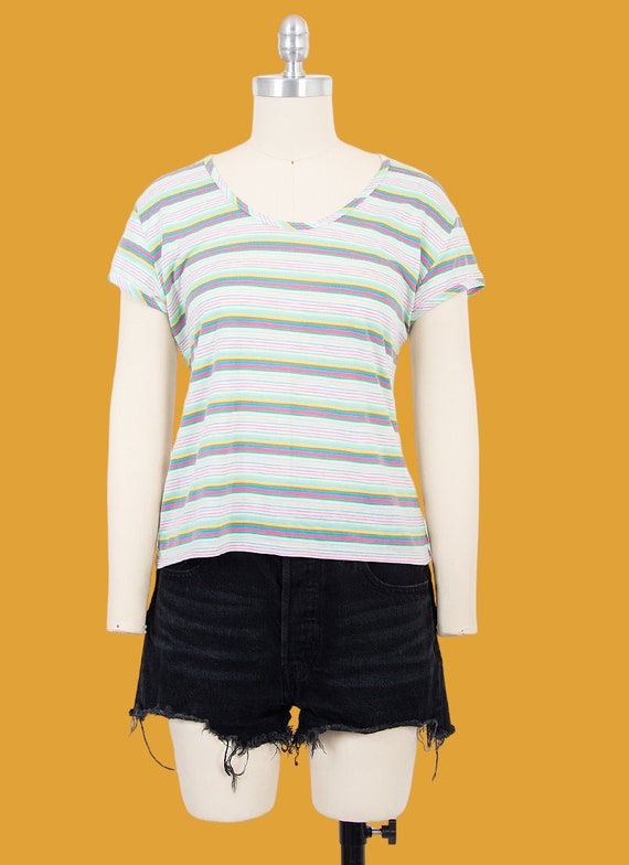 vintage 70s pastel color striped short sleeve shi… - image 2