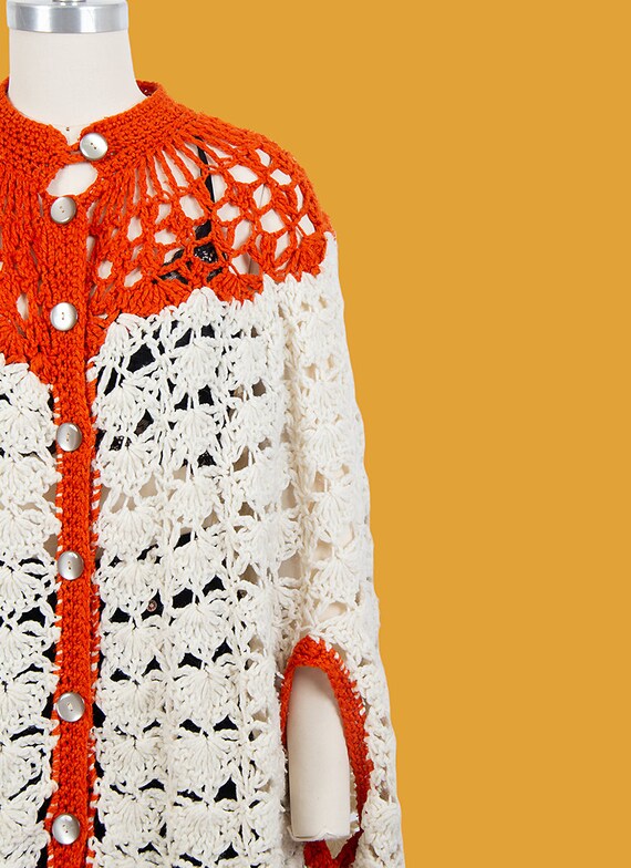 vintage 70s cream and orange bohemian knit button… - image 4