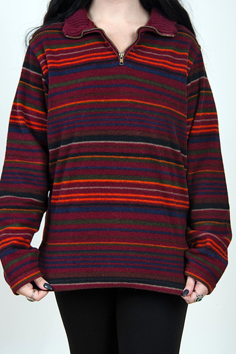 vintage 90s maroon and multi color striped fleece pull over sweater with half zipper vintage 1990s boho bohemian striped zip up sweater