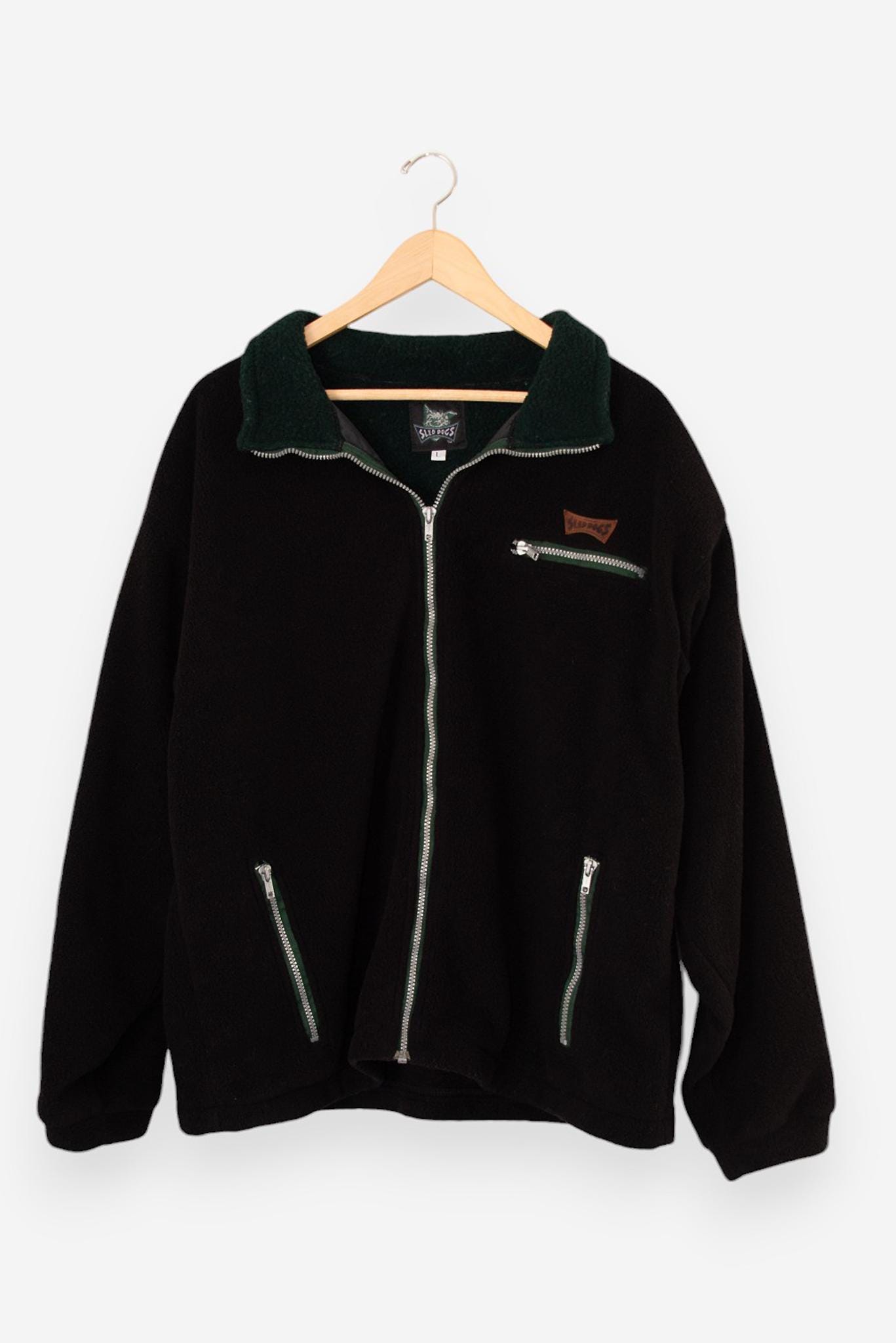 Vintage 90s Black Sled Dogs Fleece Zip up Winter Jacket Size Large