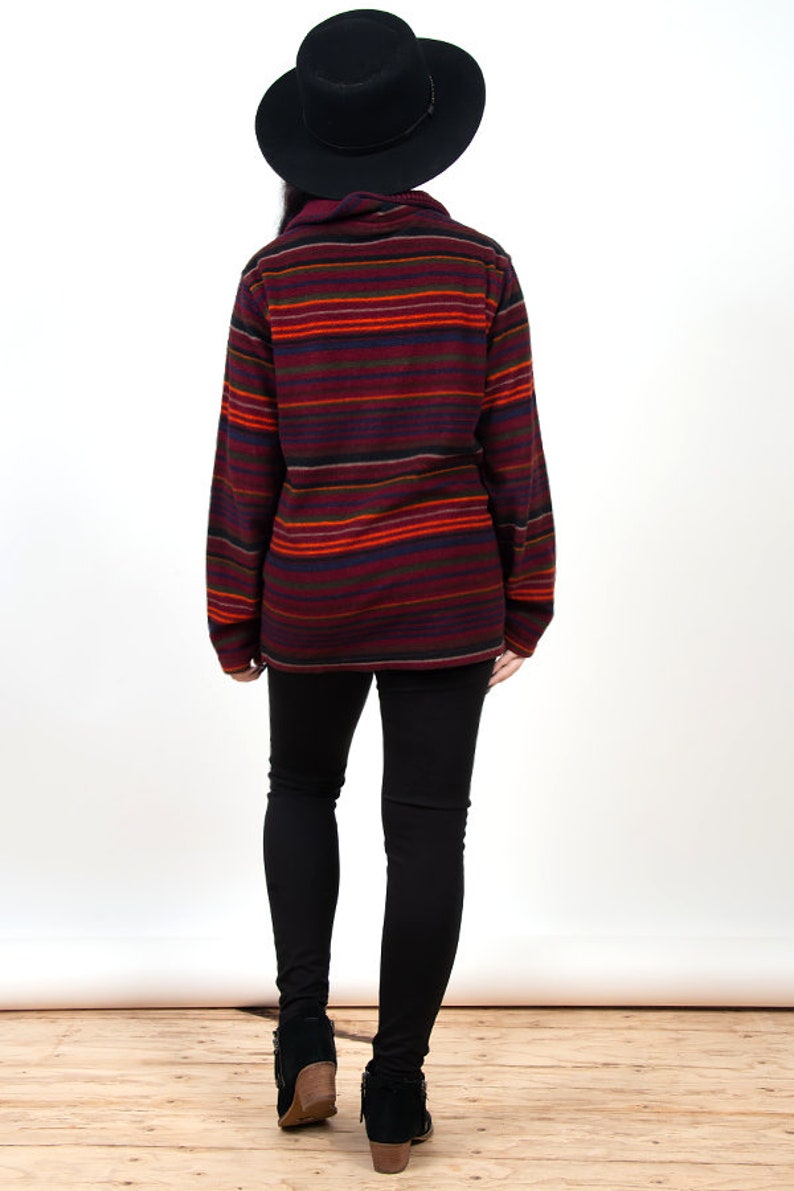 vintage 90s maroon and multi color striped fleece pull over sweater with half zipper vintage 1990s boho bohemian striped zip up sweater