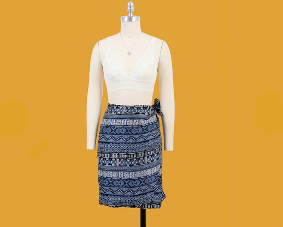 vintage 90s tribal print bohemian silk wrap skirt… - image 1