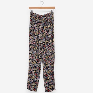 vintage 90s black floral garden party elastic waist spring time pants size small