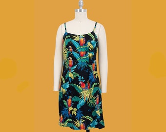 vintage 90s black tropical parrot bird print spaghetti strap summer dress size small