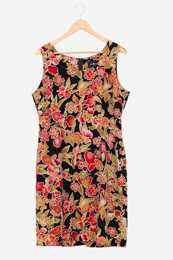 Vintage 90s Sag Harbor Black Floral Tank Dress Size 12