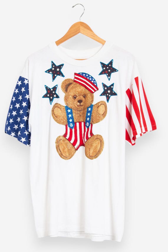 Vintage 90s Patriotic American Flag Teddy Bear Single Stitch T
