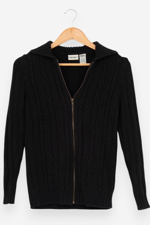 Vintage 90s Black Cherokee Cable Knit Zip up Cardigan