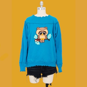 vintage 80s blue lettuce trim retro needle point owl fall pullover sweatshirt size large