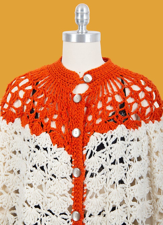 vintage 70s cream and orange bohemian knit button… - image 3