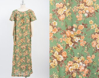 vintage 70s green floral short sleeve bohemian hippie sun maxi dress size large