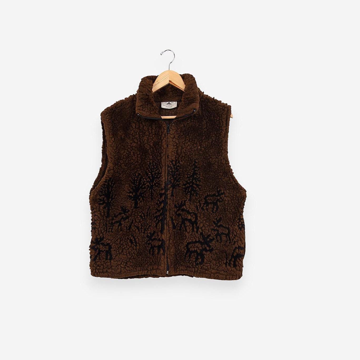vintage 90s brown black mountain outdoor fuzzy faux sherpa animal print zip up winter vest size
