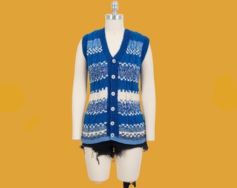 vintage blue and white geometric knit button down boho sweater vest size small