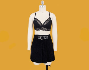 vintage 90s grunge black corduroy belted mini wrap skirt size small