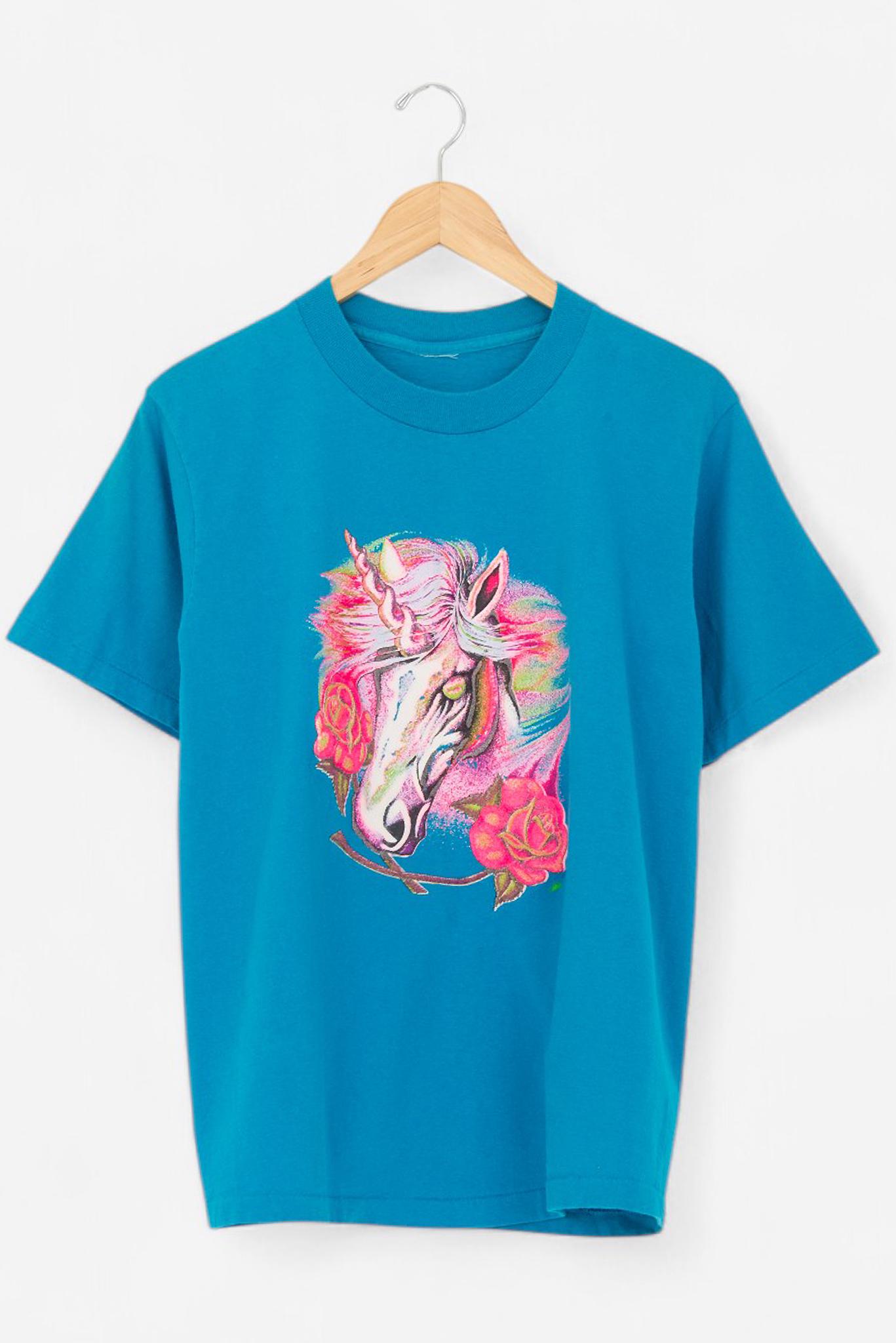 70s USA製 ユニコーン バラ アート イラスト プリント Tシャツ S 小さめ レディース XS 程 ヴィンテージ アニマル シングルステッチ SPRUCE il_fullxfull.7174030952_gt14.jpg