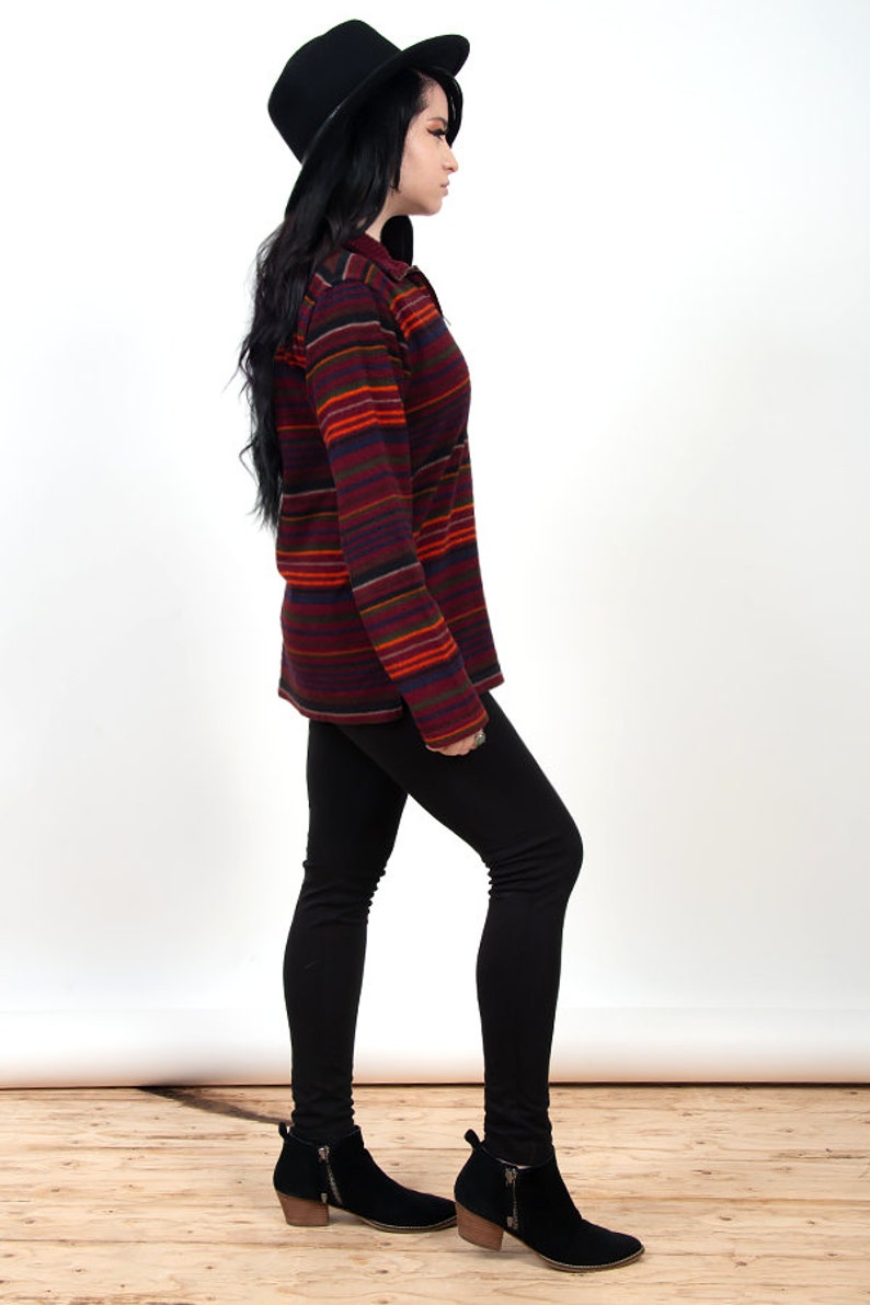 vintage 90s maroon and multi color striped fleece pull over sweater with half zipper vintage 1990s boho bohemian striped zip up sweater