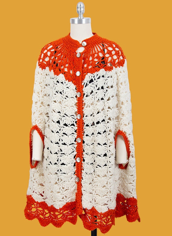 vintage 70s cream and orange bohemian knit button… - image 2