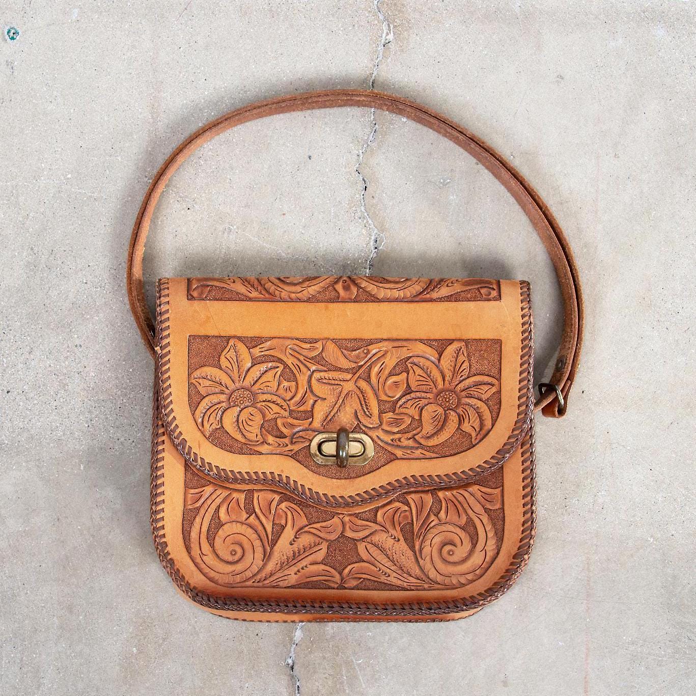 Vintage 70s Tooled Leather Floral Bohemian Hippie Top Handle Hand