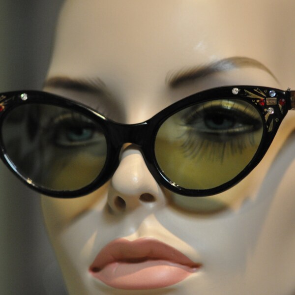 Vintage Cat Eye Sunglasses Rhinestone Embellishments So Awesome Black Plastic Great for a Costume Add to a Outfit  take to the next level !
